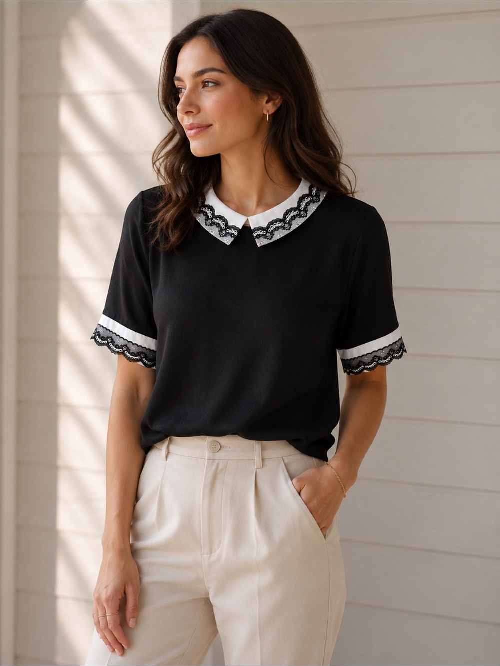 Karl Lagerfeld Black Short-Sleeve Top with White Lace-Trim Collar and Cuffs